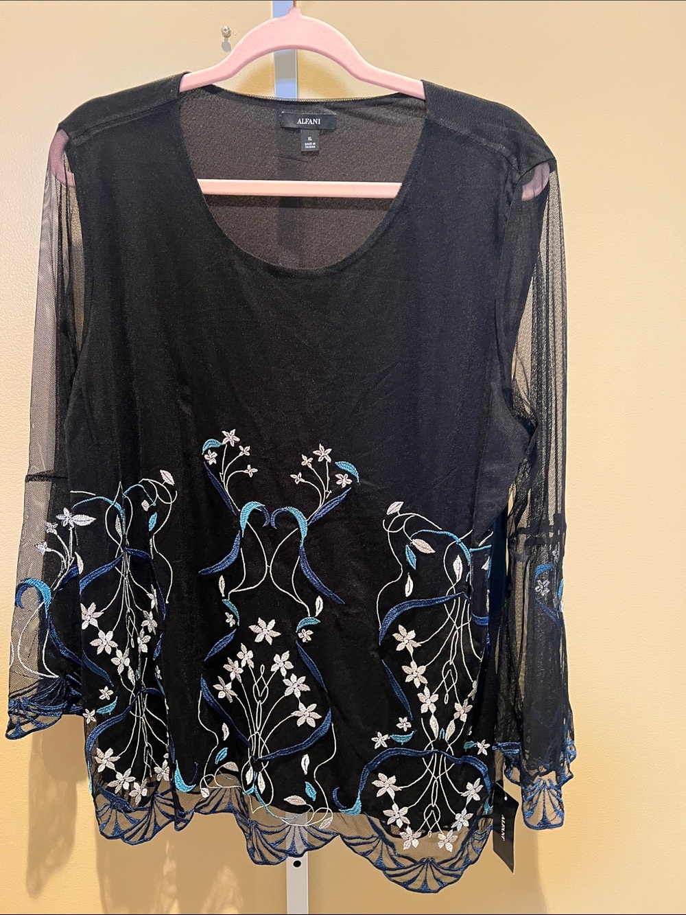 Alfani Black Sheer Mesh Tunic with Blue & White Floral Embroidery